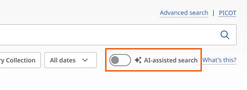 Screenshot of the EBSCO Discovery search interface showing a highlighted “AI-assisted search” toggle switch beneath the search bar. The toggle is currently off (grey), with the label “AI-assisted search” beside it and a “What’s this?” help link to the right. The AI-assisted search control is outlined with an orange rectangle for emphasis.
