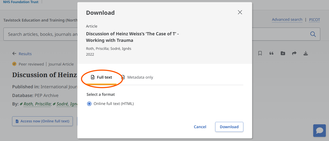 Screenshot of the PEP Archive download window. An orange circle highlights the “Full text” option, with “Online full text (HTML)” selected as the download format and a Download button available.