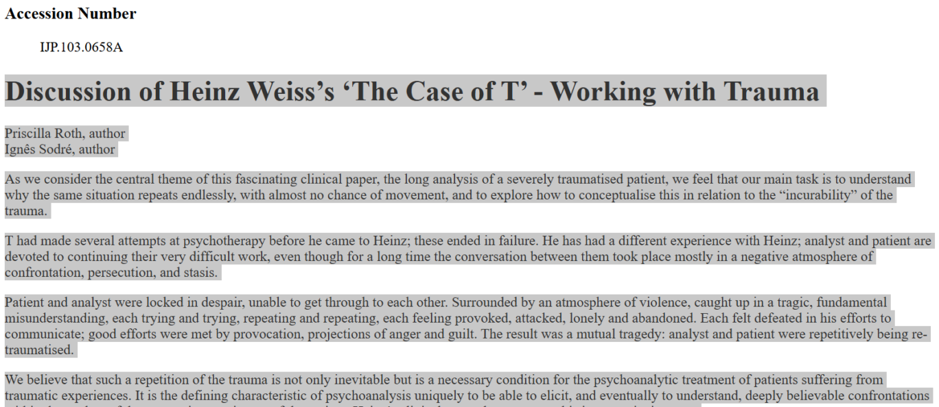Screenshot of an article downloaded from PEP Archive in HTML format and opened in a web browser. The article title and text are displayed, with grey highlighting visible throughout the page.