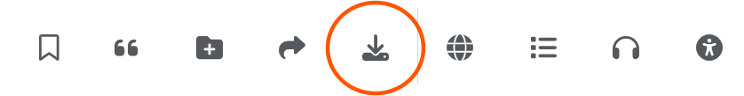 Screenshot showing the toolbar of the PEP Archive PDF viewer. Several icons are visible, including bookmark, quotation marks for cite, add, share, download, language, contents, audio, and accessibility options. An orange circle highlights the Download icon, indicating the button used to download the article file.