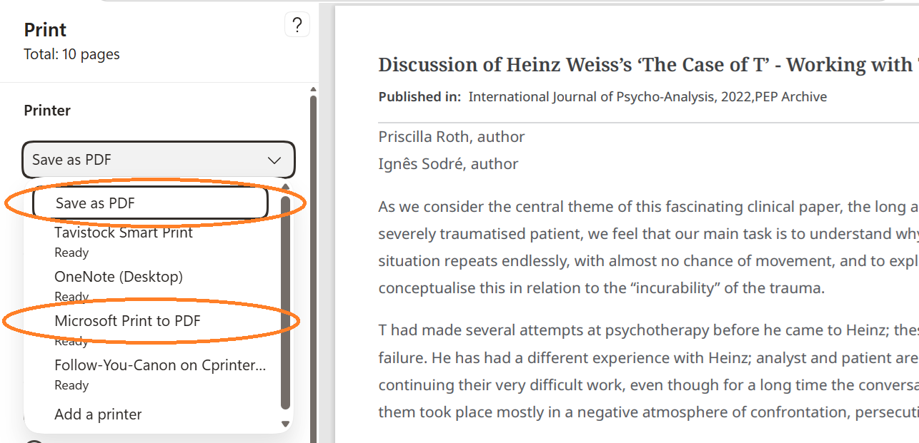 Screenshot of the PEP Archive print screen. The printer selection menu is open, and orange ovals highlight the “Save as PDF” and “Microsoft Print to PDF” printer options. A print preview of the journal article appears on the right.