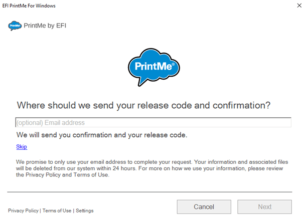 PrintMe website with option to input email address to get a retrieval code my email