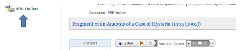Screenshot of a page on PEP Archive that shows the Listen option for the audio version of a book or article