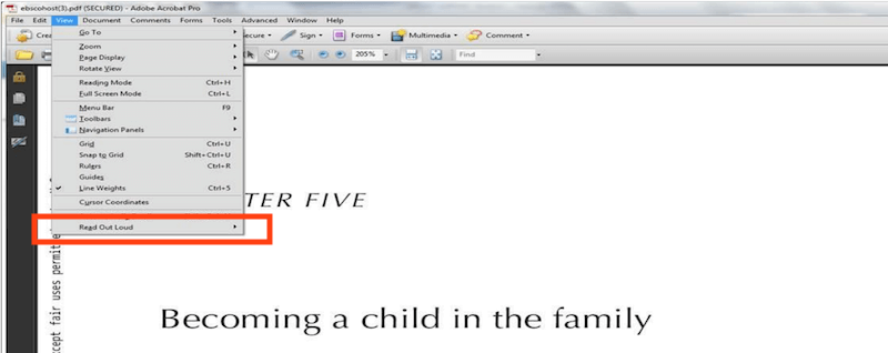 Screenshot displaying the View menu option for finding the Read Out Loud function on Adobe Reader