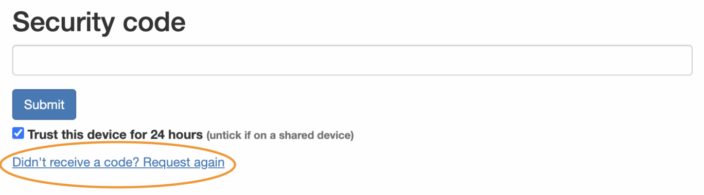 Shibboleth security code screen with 'Didn't receive a code? Request again' link circled