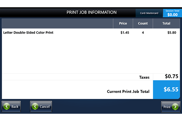 Costs of print job with print button to accept the costs