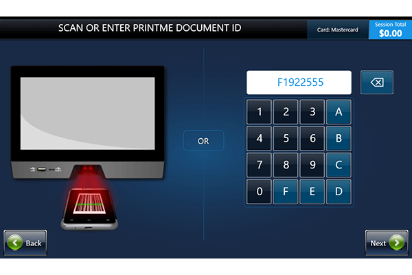Keypad into which a print job retrieval code should be entered