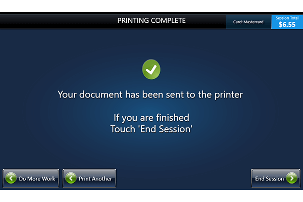 Message confirming a job has been sent to the printer, and displaying the 'End Session' button