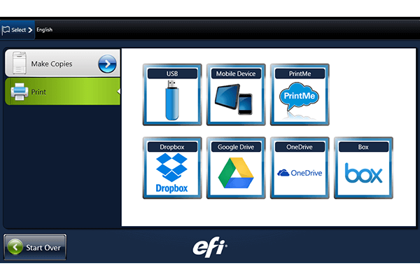 Options for sending documents to printer, including USB, Mobile, PrintMe Website, Dropbox and One Drive