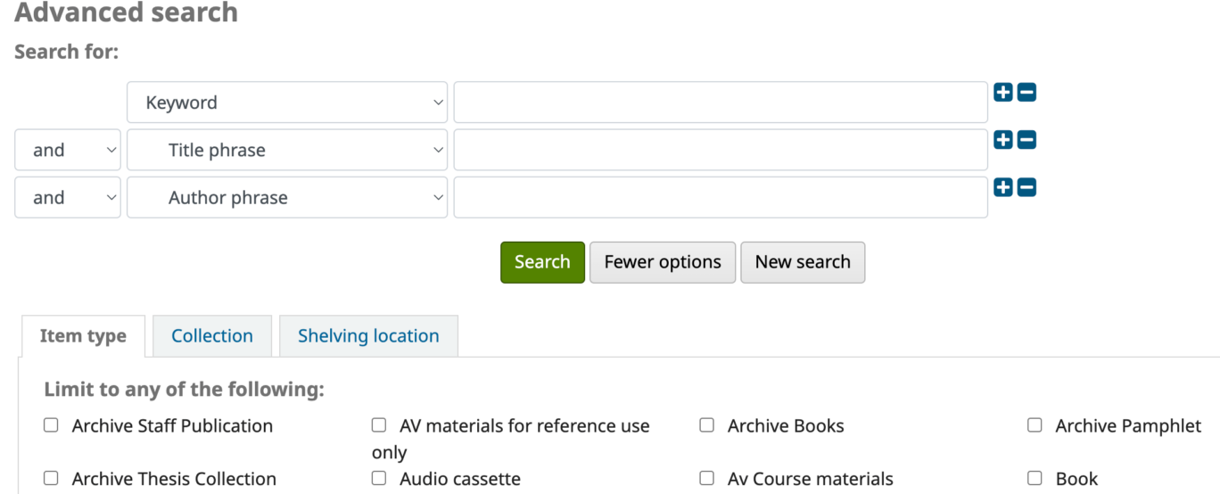 Advanced search options on library catalogue