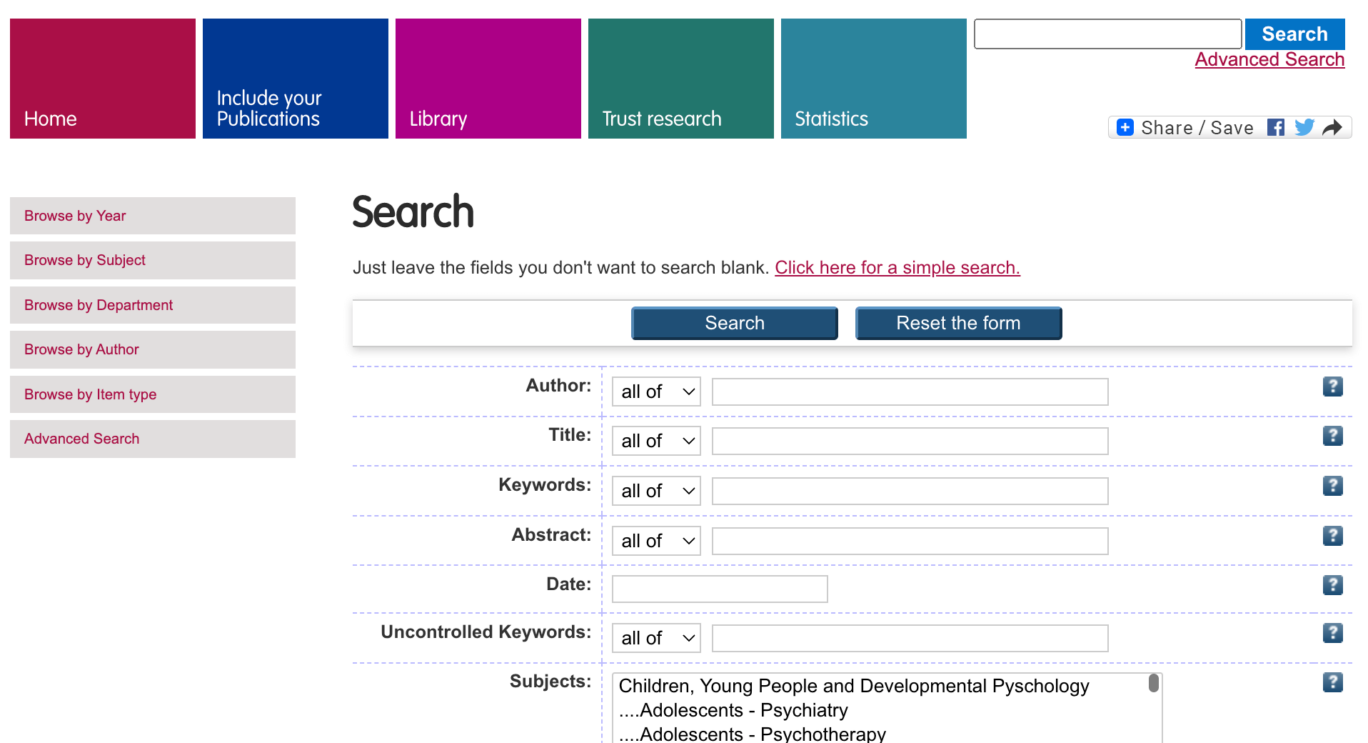 Advanced search screen on Staff Publications Online repository website