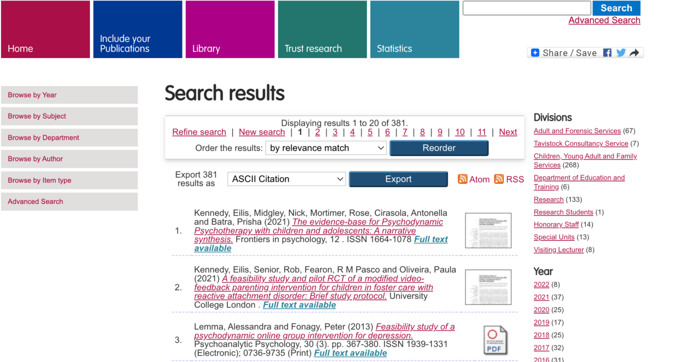 Results list from a search on Staff Publications Online