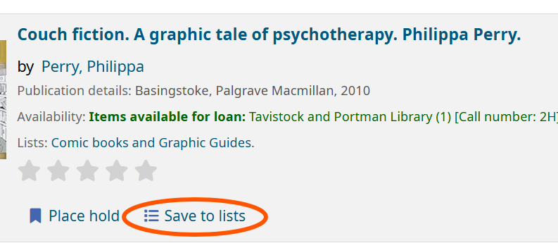 Screenshot of a catalogue record for a book with the title, author and publication details.  The 'Save to lists' button highlighted at the bottom of the record.