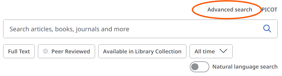 The Discovery search box with 'Advanced search' highlighted