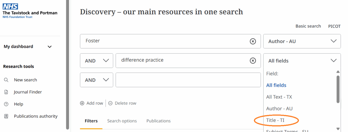The Discovery search box with 'Title - TI' highlighted from the All fields dropdown menu