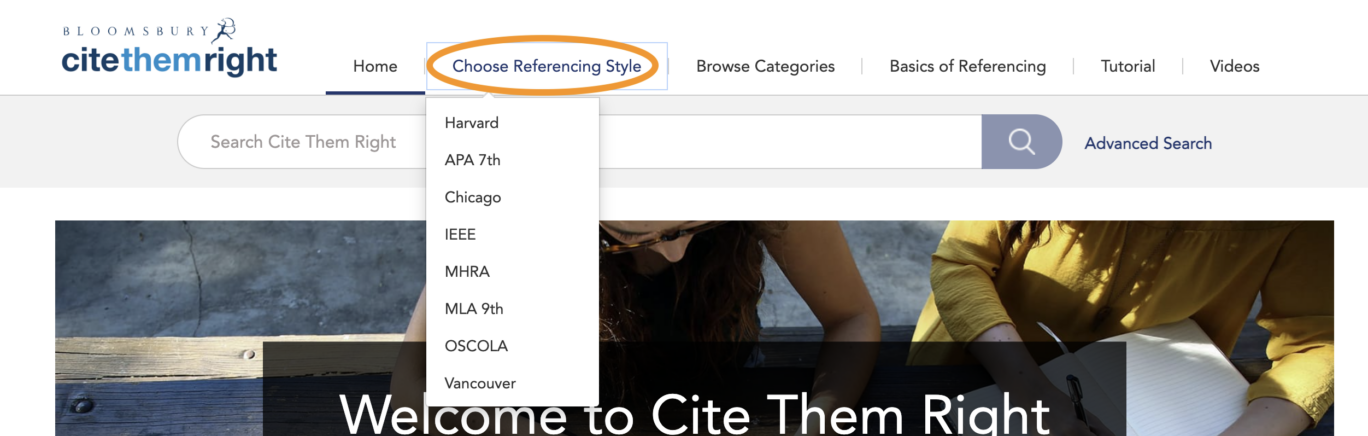 The Cite Them Right website witht eh Choose Referencing Style tab selected and highlighted, revealing a list of styles: Harvard, APA 7th, Chicago, IEEE, MHRA, MLA 9th, OSCOLA and Vancouver