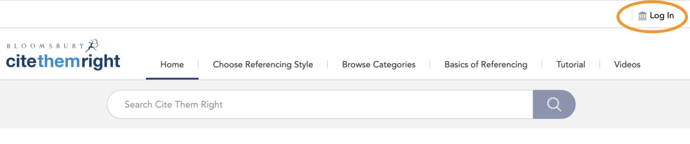 The top of the Cite Them Right website showing the navigation bar and a 'Log in' button highlighted in the top-righthand corner