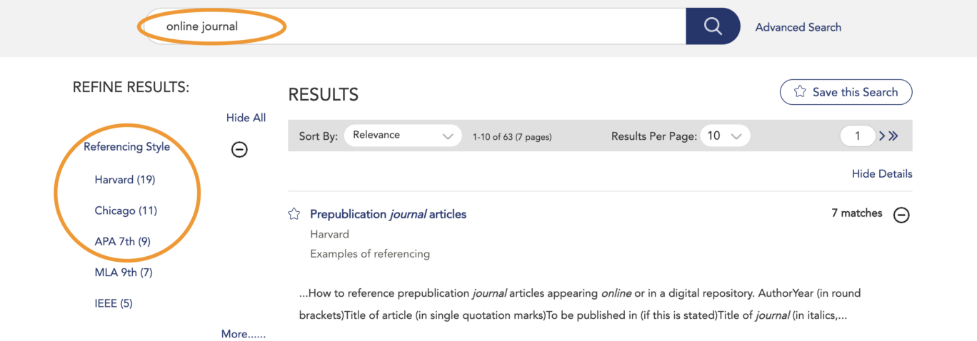 The search results on Cite Them Right showing the words 'online journal' in a search box, and a refine results box with various styles including Harvard and APA 7th