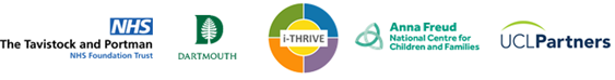 Five partner logos for iThrive - The Tavistock and Portman NHS Foundation Trust, The Dartmouth Institute, i-Thrive, Anna Freud and UCL Partners.
