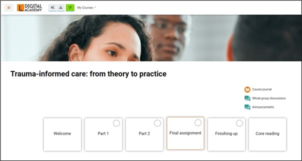 Screenshot of a a selection of page options from the Tavistock and Portman Digital Academy.