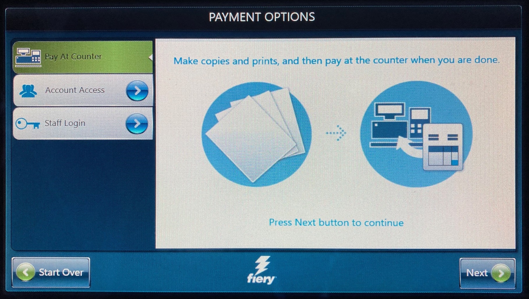 Payment options screen with Pay At Counter at the top