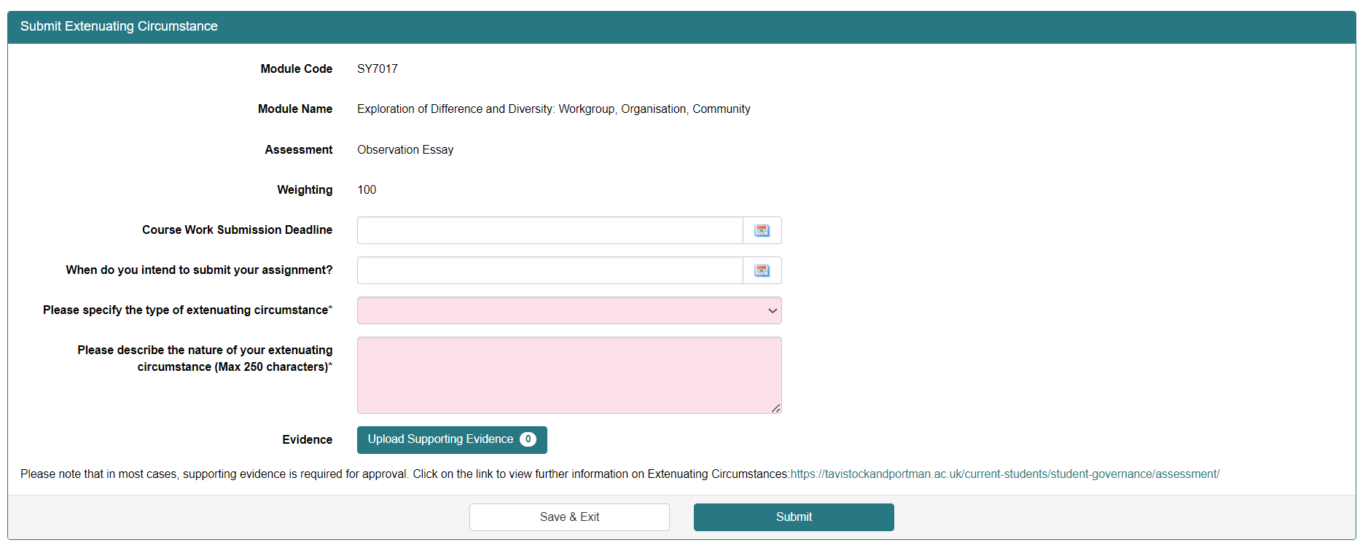 Screenshot of Extenuating Circumstances Form in MyTAP