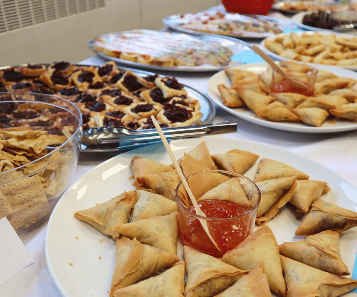 Close-up of samosas and savoury pastries