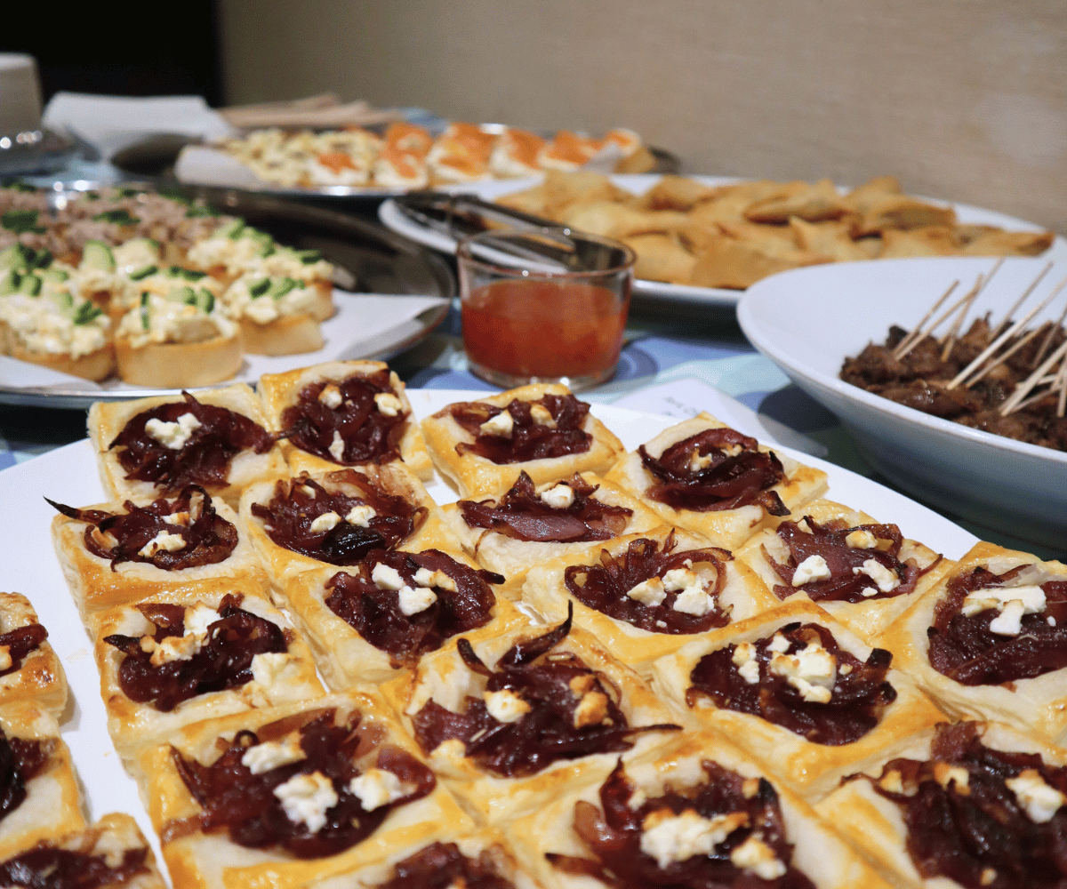 Close-up image of filo pastry tarts and other canapes