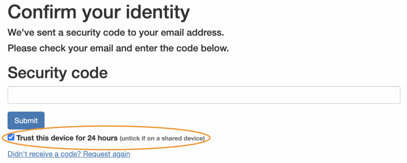 Shibboleth security code screen with a circle highlighting the 'Trust this device for 24 hours' option ticked