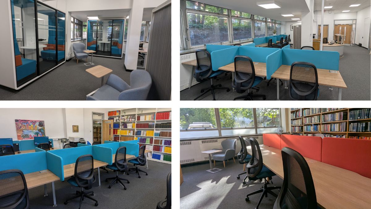 A composite of four photos of the interior of the refurbished library space at the Tavistock Centre, featuring the two study pods, a view from the rear, the John Bowlby Room with computers and print journals, and the new desks in the Silent Study Space