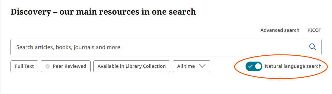 EBSCO Discovery search box with the 'natural language search' button toggled to on, which is green and has a white tick to show it's active.
