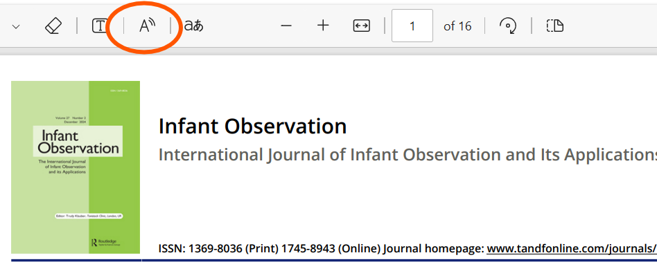 A saved PDF document that has been opened in the Edge browser, with the A readloud symbol circled.

