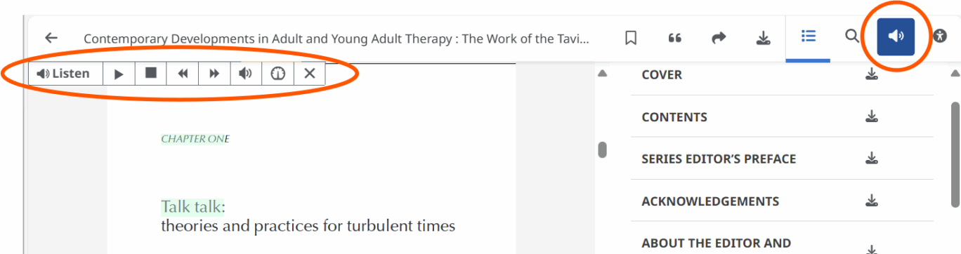 An EBSCO ebook web page with the listen options circled and the loud speaker icon circled