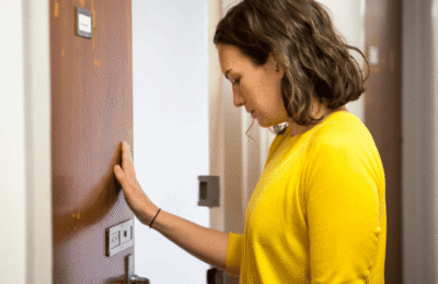 Woman in yellow jumper enters therapy room