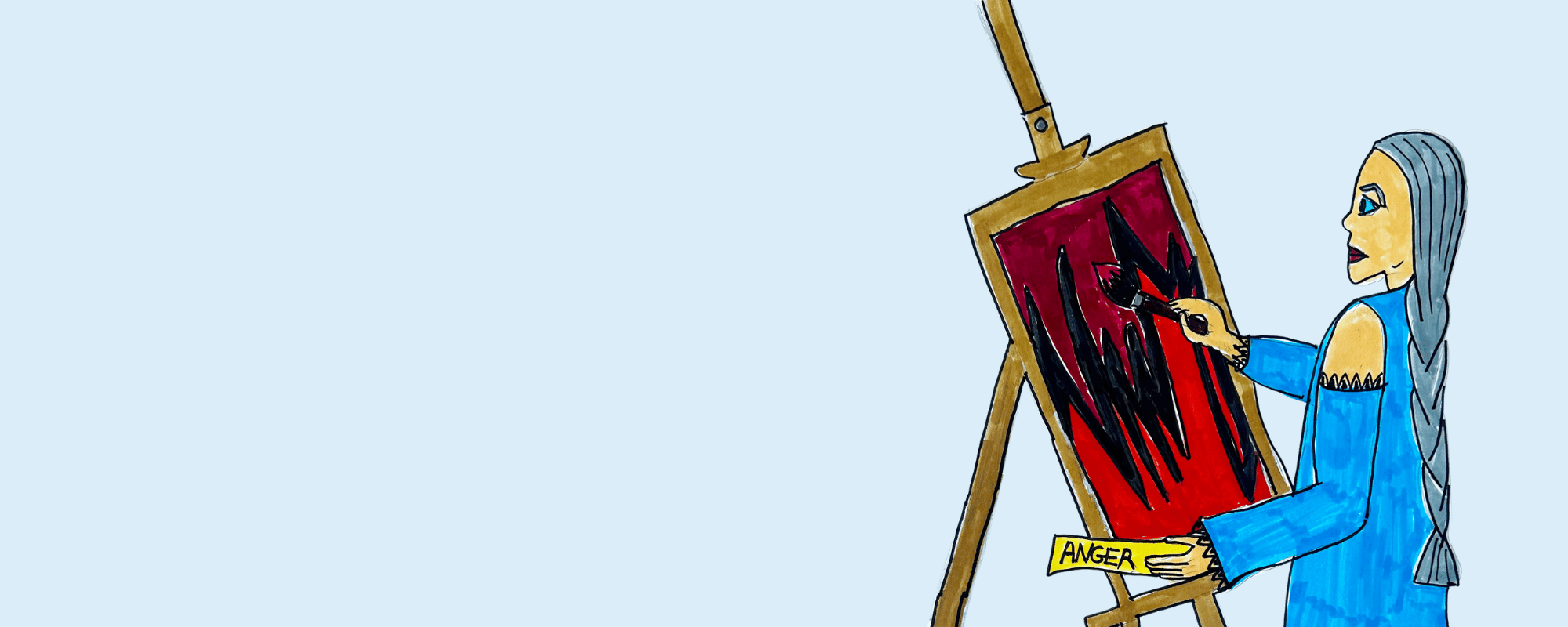 Drawing of female artist painting red canvas.