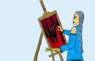 Drawing of female artist painting red canvas.