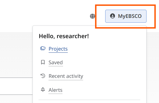 A screengrab of an EBSCO screen with the MyEBSCO button highlighted, and with the options 'Projects', 'Saved', 'Recent activity' and 'Alerts' revealed