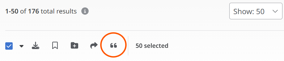 Screenshot of the EBSCO search results toolbar showing 50 selected records. Several action icons are displayed, including download, save, add to folder, share, and a quotation marks icon (highlighted with an orange circle) used for citing or exporting citations.