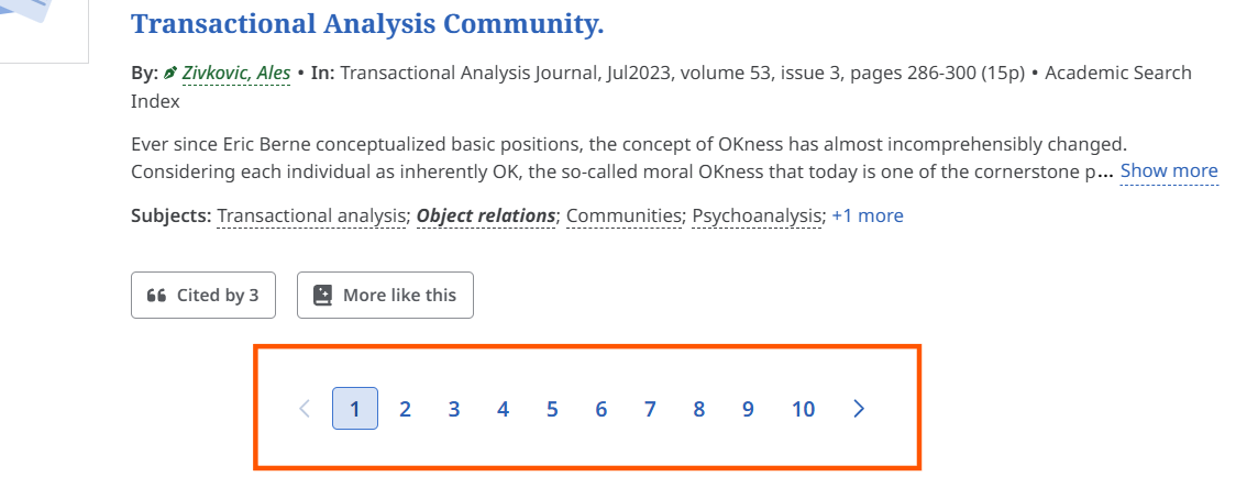 The results page of an EBSCO database, highlighting that results are now grouped in pages of 50, with clickable links for each page of results.