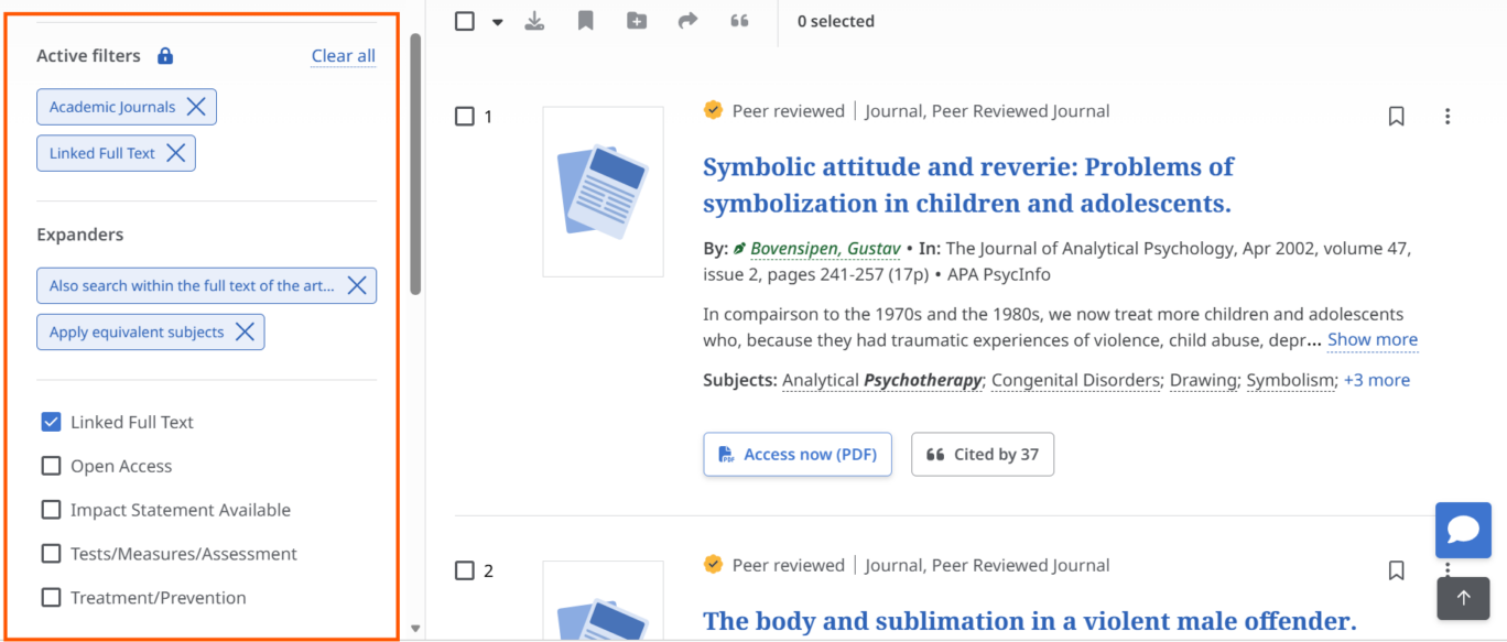 Screenshot of an EBSCO search results page. A filter panel on the left, highlighted with an orange border, shows active filters including Academic Journals and Linked Full Text, along with additional filtering options such as Open Access, Impact Statement Available, Tests/Measures/Assessment and Treatment/Prevention. Search results are displayed on the right, including peer-reviewed journal articles with publication details, subject terms and full-text access buttons. The image highlights the location and range of filtering options available in the left-hand sidebar.