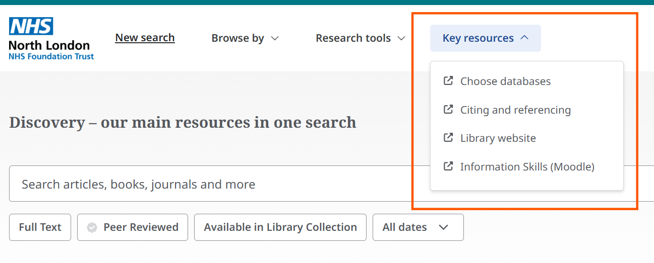 Screenshot of the EBSCO Discovery search page. A highlighted “Key resources” drop-down menu is expanded on the right side of the screen, showing links to **Choose databases**, **Citing and referencing**, **Library website**, and **Information Skills (Moodle)**. The page also includes a search box for articles, books, and journals, with filter options such as Full Text, Peer Reviewed, Available in Library Collection, and All dates. The Key resources section is outlined in orange to draw attention to the new menu.