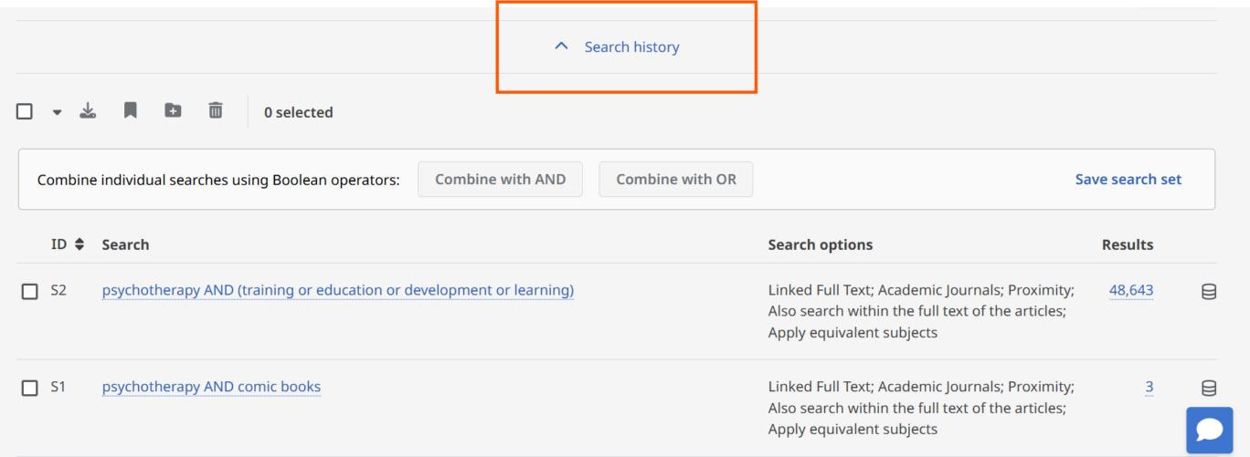 Screenshot of an EBSCO advanced search page. The Search History section, highlighted with an orange border, is expanded to display previous searches and their results. Two search queries are listed with associated search options and result counts. Buttons are available to combine selected searches using AND or OR operators, and a Save search set option appears on the right. The image highlights the location and functionality of the Search history feature for reviewing and combining past searches.