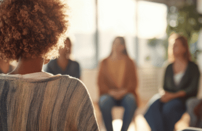 Back of a woman's head, part of a circle of people.