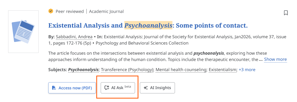 EBSCOhost article record for “Existential Analysis and Psychoanalysis: Some points of contact.” The highlighted “AI Ask” button appears alongside “Access now (PDF)” and “AI Insights”, allowing users to ask questions about the article using AI.